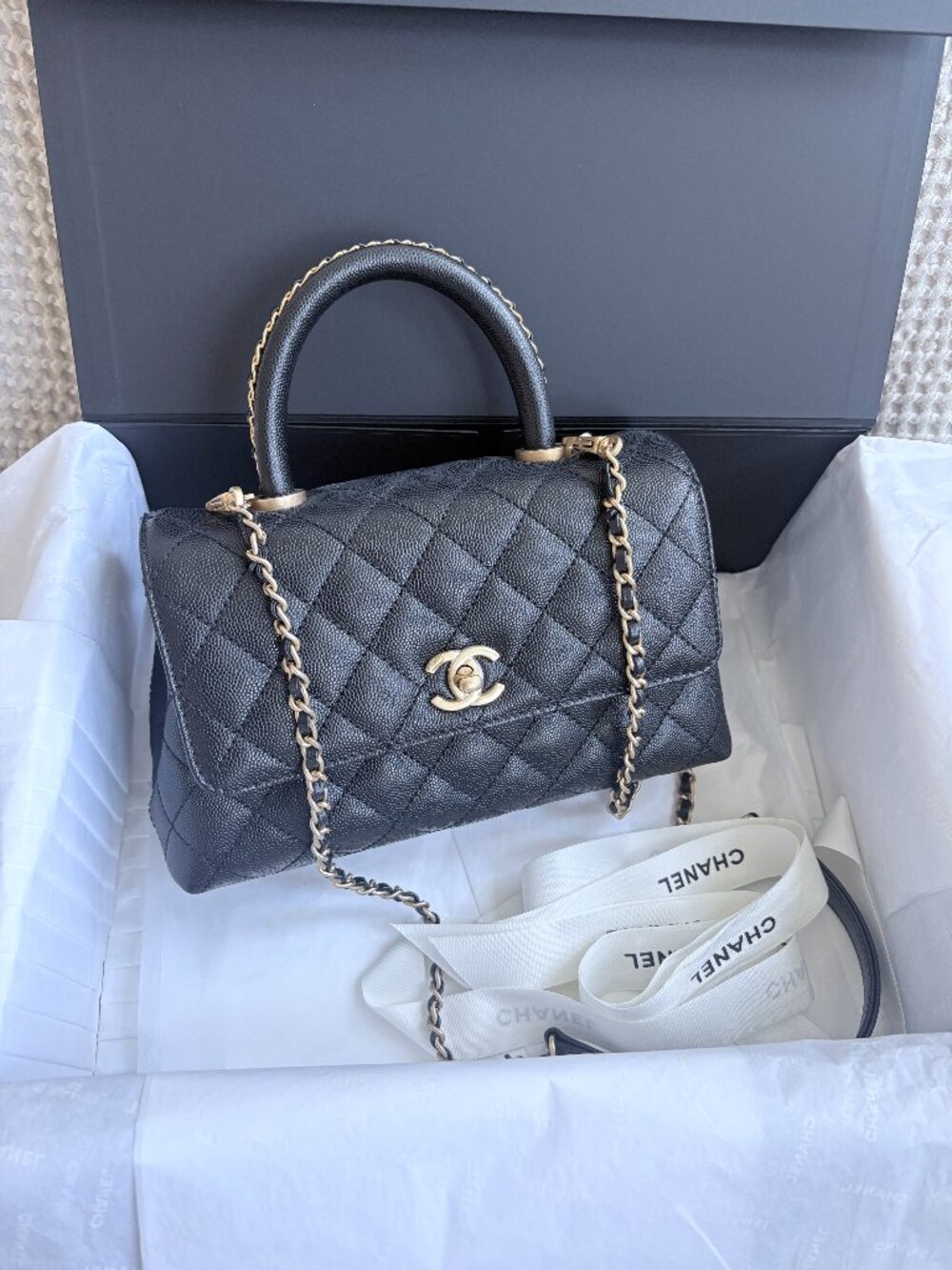 CHANEL Coco Handle Small Black Caviar GHW Chain Handle | Full Set | 2023
